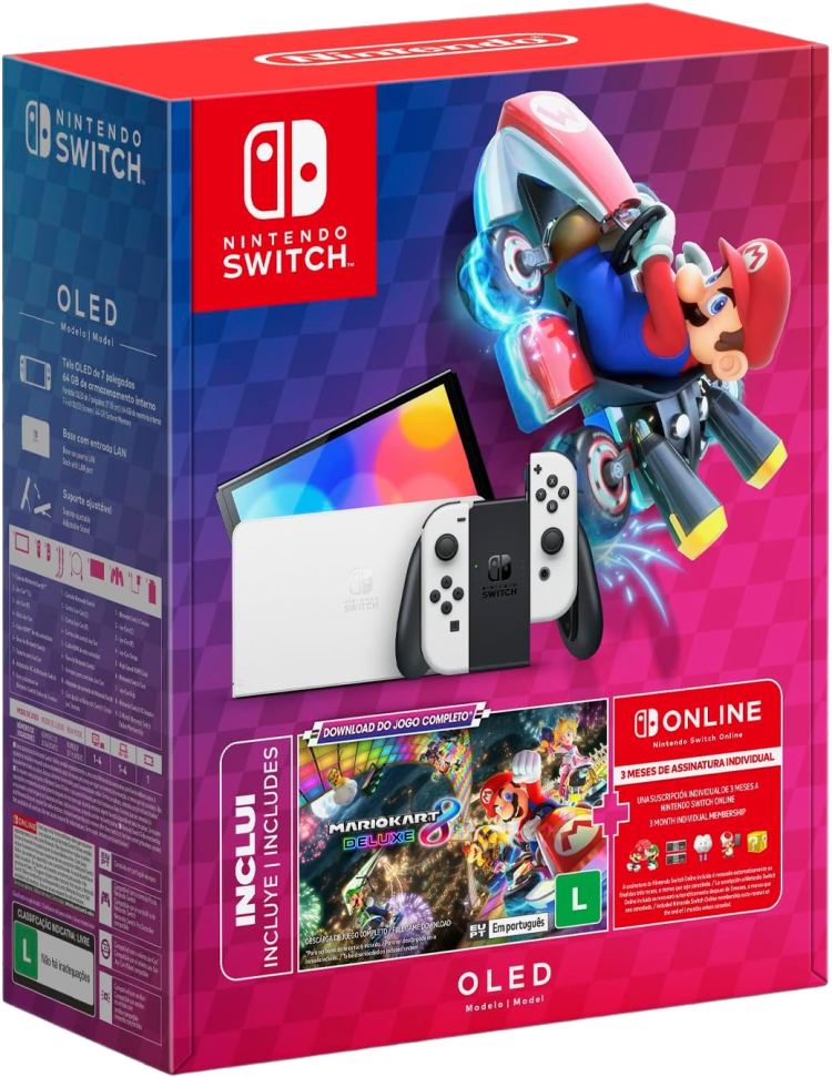 Pacote Nintendo Switch OLED (Branco) + Mario Kart 8 Deluxe