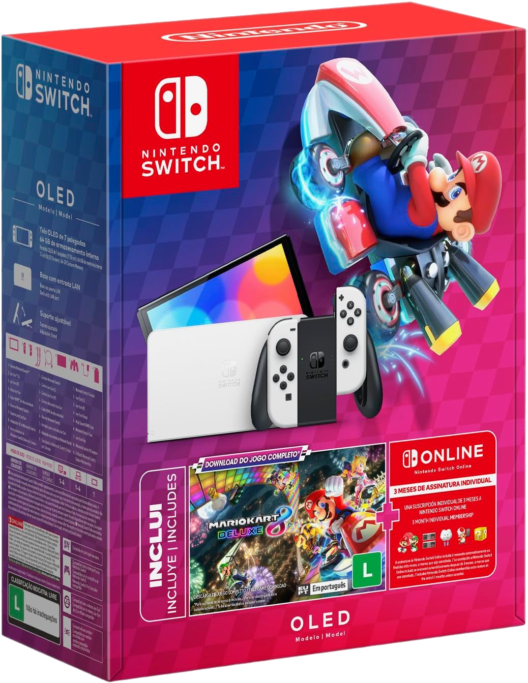 Pacote Nintendo Switch OLED (Branco) + Mario Kart 8 Deluxe