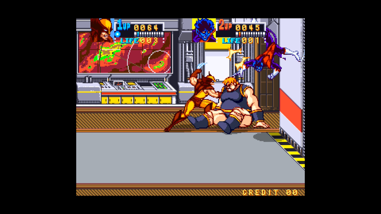 Cena de jogo arcade dos X-Men com Wolverine e Nightcrawler atacando o chefe
