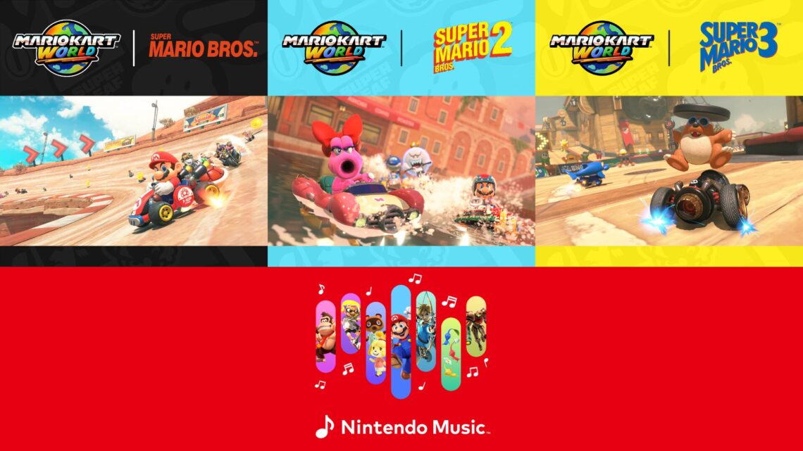 Imagem destacada de Nintendo Music: Músicas de Super Mario Bros. 1, 2 e 3 do Mario Kart World (Modo Livre) são adicionadas