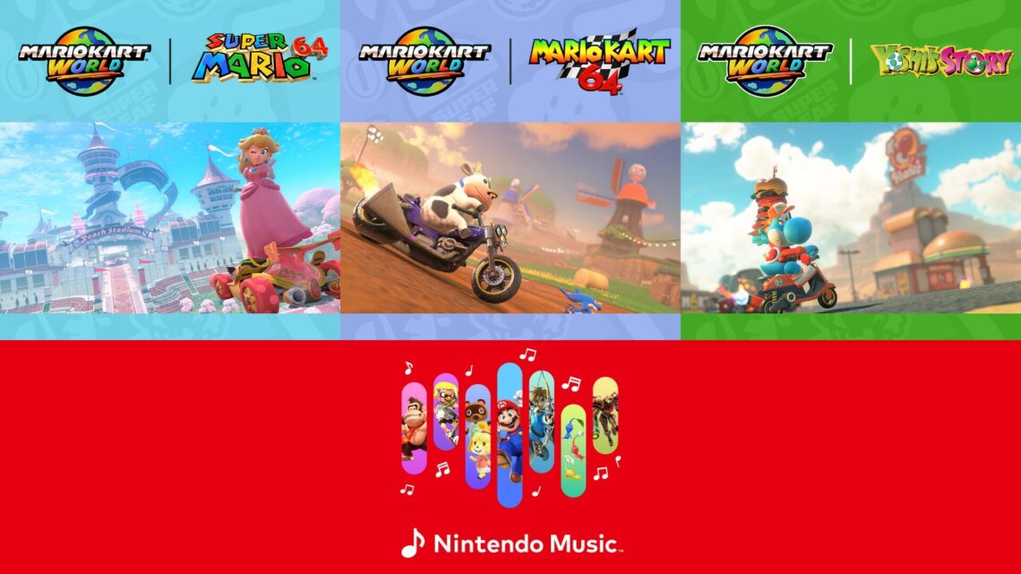 Imagem destacada de Nintendo Music: Músicas de Super Mario 64, Mario Kart 64 e Yoshi’s Story do Mario Kart World (Modo Livre) são adicionadas