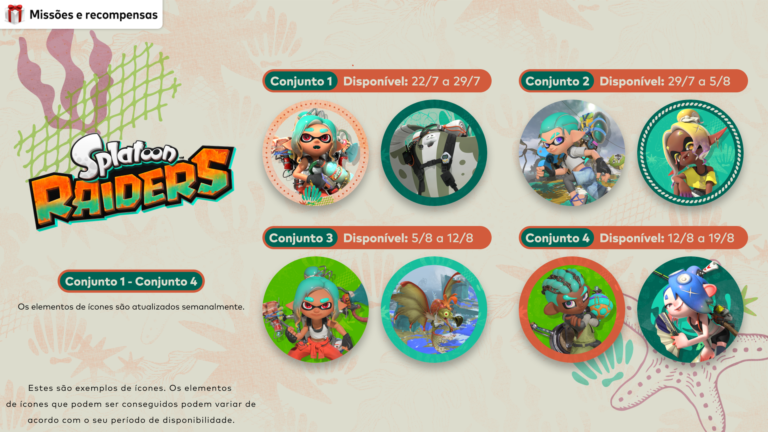 Imagem destacada de Missões & Recompensas – Elementos de ícone baseados em Splatoon Raiders são disponibilizados