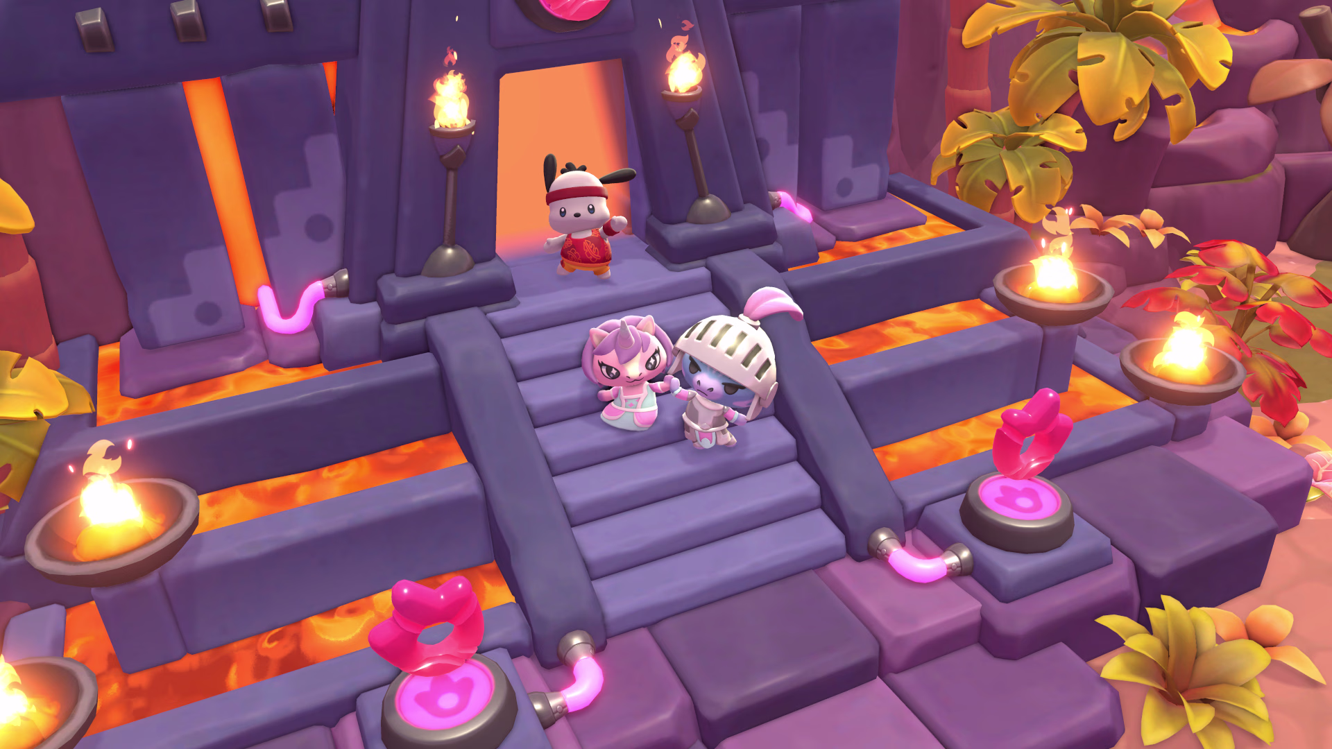 Cena de personagens entrando em um templo